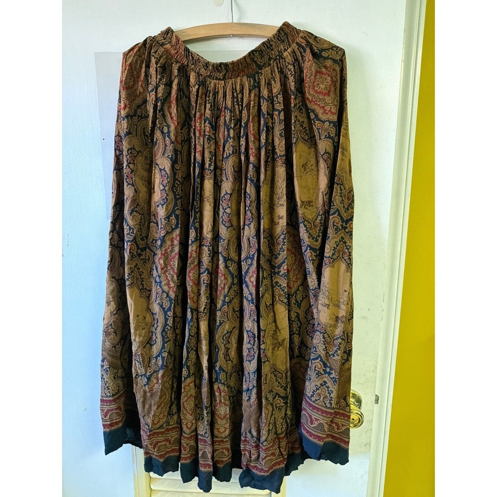 On The Verge Vintage Paisley Equestrian Hunting Scene Maxi Skirt Brown Gold M